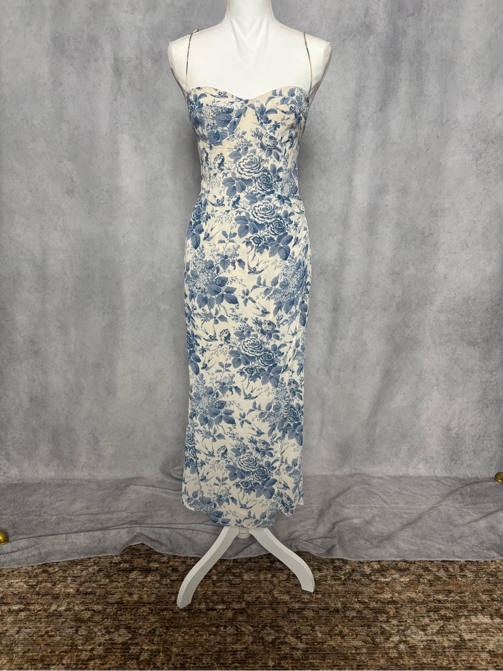 Reformation Cream and Blue Floral Spaghetti Strap Midi Dress